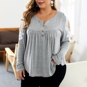 Women's 3X Gray Cold Shoulder Embellished Top